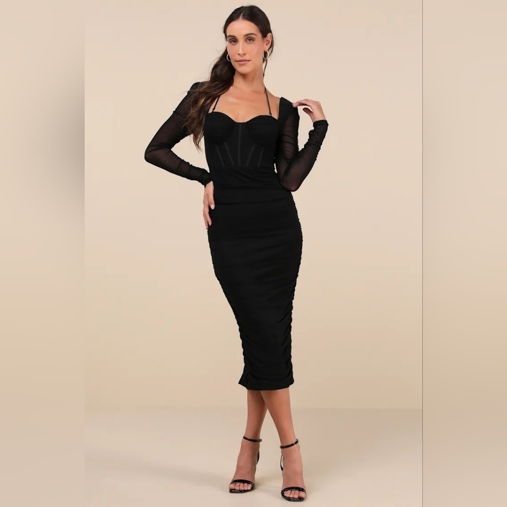 Lulus Dramatic Demure Black Mesh Halter Bustier Midi Dress M Wedding Party - Picture 2 of 10